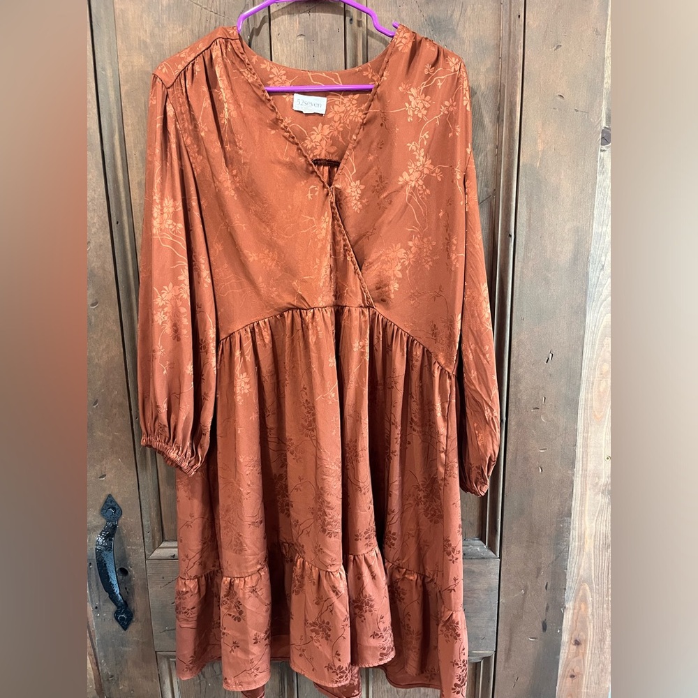 52SEVEN LIGHTWEIGHT SILKY MIDI DRESS/ RUST COLOR ORANGE